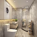 Modern Family Bathroom With Grey Marble Tiles Built In Washing Machine And Glass Shower Area