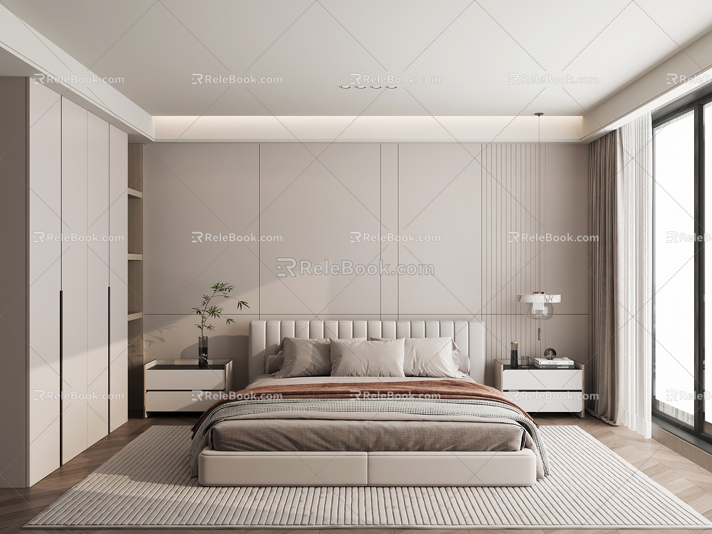 Cream wind bedroom master bedroom second bedroom wardrobe double bed bedside table small chandelier curtain 3d model