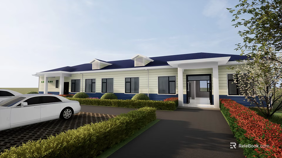 Single Story Office Building with Blue Roof Light Walls Trimmed Bushes Entrance and Red Flowers 3d model 