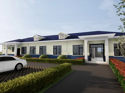 Single Story Office Building with Blue Roof Light Walls Trimmed Bushes Entrance and Red Flowers 3d model