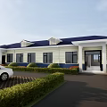 Single Story Office Building with Blue Roof Light Walls Trimmed Bushes Entrance and Red Flowers
