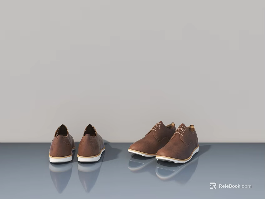 Two Pairs of Brown Leather Shoes on Gray Surface With Clear Reflection 3d model 