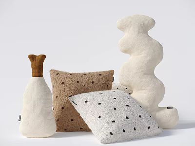 Modern Soft Plush Throw Pillows with Brown White Polka Dot and Abstract Shape Design 3d model