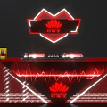 Red DJ Bar Counter With Neon Heart Lotus Logo And Equipment Drinks