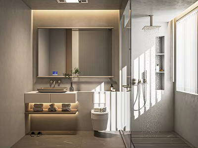 Modern Bathroom Interior With Light Wall Mirror Sink Toilet And Shower Area 3d model