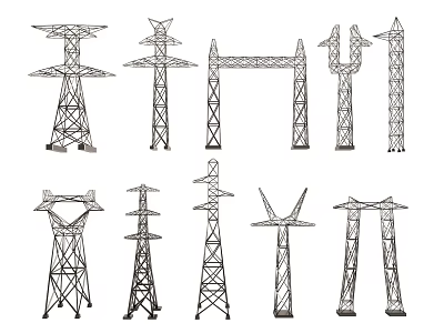 Hand Drawn Sketches of Electricity Transmission Towers with Various Line Art Designs 3d model
