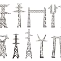 Hand Drawn Sketches of Electricity Transmission Towers with Various Line Art Designs