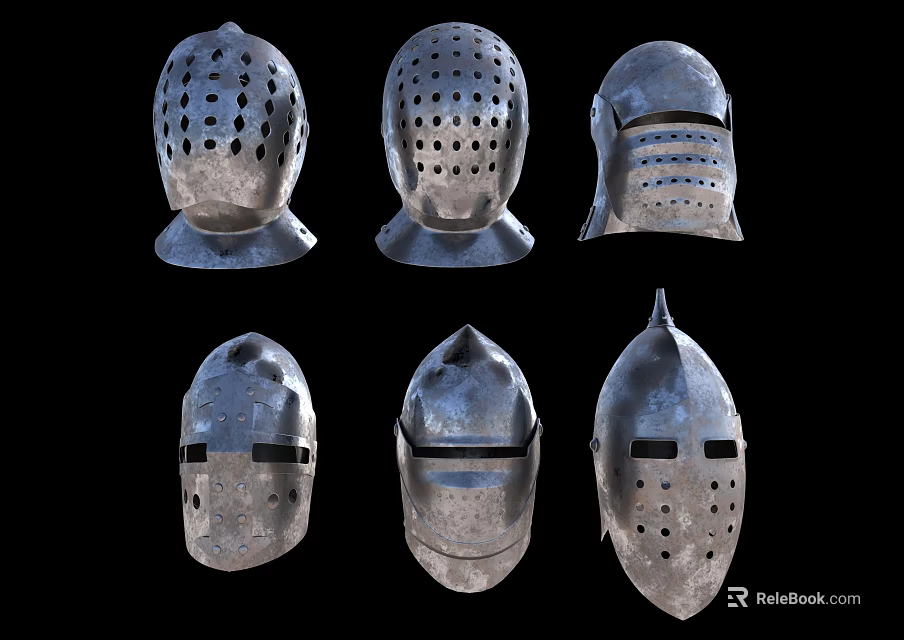 Collection of Medieval Knight Helmets with Various Metal Designs and Historical Features 3d model 
