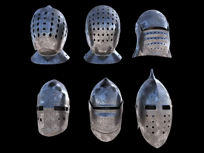 Collection of Medieval Knight Helmets with Various Metal Designs and Historical Features 3d model