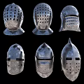 Collection of Medieval Knight Helmets with Various Metal Designs and Historical Features