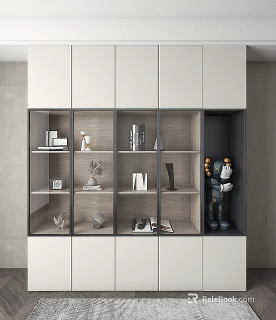 Modern White And Gray Decorative Cabinet With Open Shelves Displaying Books And Sculptures 3d model 