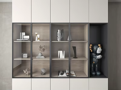 Modern White And Gray Decorative Cabinet With Open Shelves Displaying Books And Sculptures 3d model