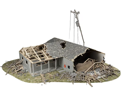Collapsed House Model Showing Structural Damage With Construction Debris And Crane 3d model