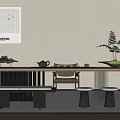 Minimalist Tea Table and Chairs Interior With Wooden Surface Teapot and Decorative Plant