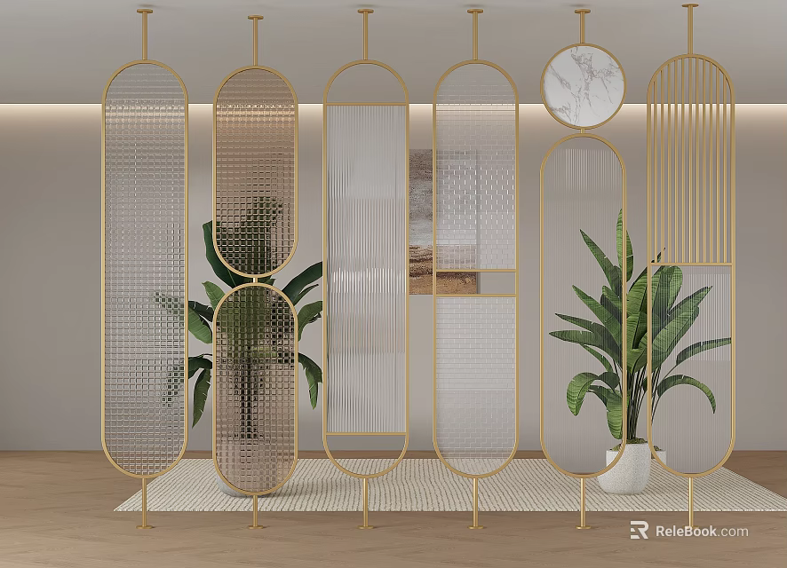 Modern Golden Room Divider With Various Designs And Green Plants In Interior Decor 3d model 