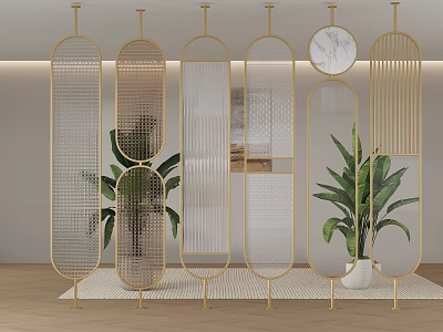 Modern Golden Room Divider With Various Designs And Green Plants In Interior Decor 3d model