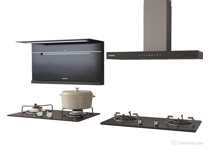 Essential Modern Kitchen Appliances Including Range Hood Gas Stove and Pot for Daily Cooking 3d model 