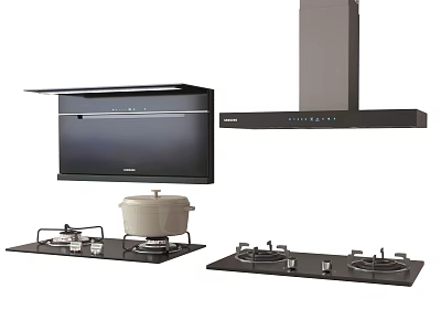 Essential Modern Kitchen Appliances Including Range Hood Gas Stove and Pot for Daily Cooking 3d model