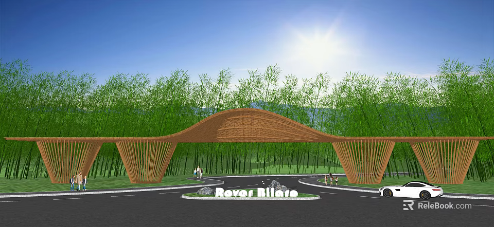 Rever Hills Entrance Gate With Arched Bamboo Structure And Lush Green Surroundings 3d model 