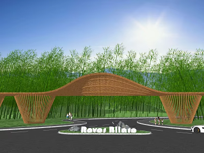 Rever Hills Entrance Gate With Arched Bamboo Structure And Lush Green Surroundings 3d model