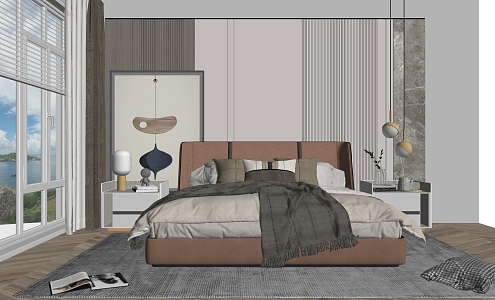 Modern background double bed decorative painting combination 3d model