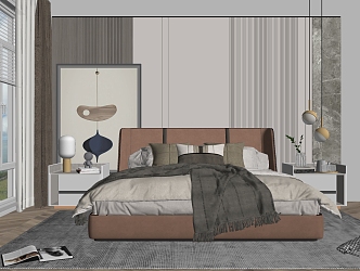 Modern background double bed decorative painting combination 3d model