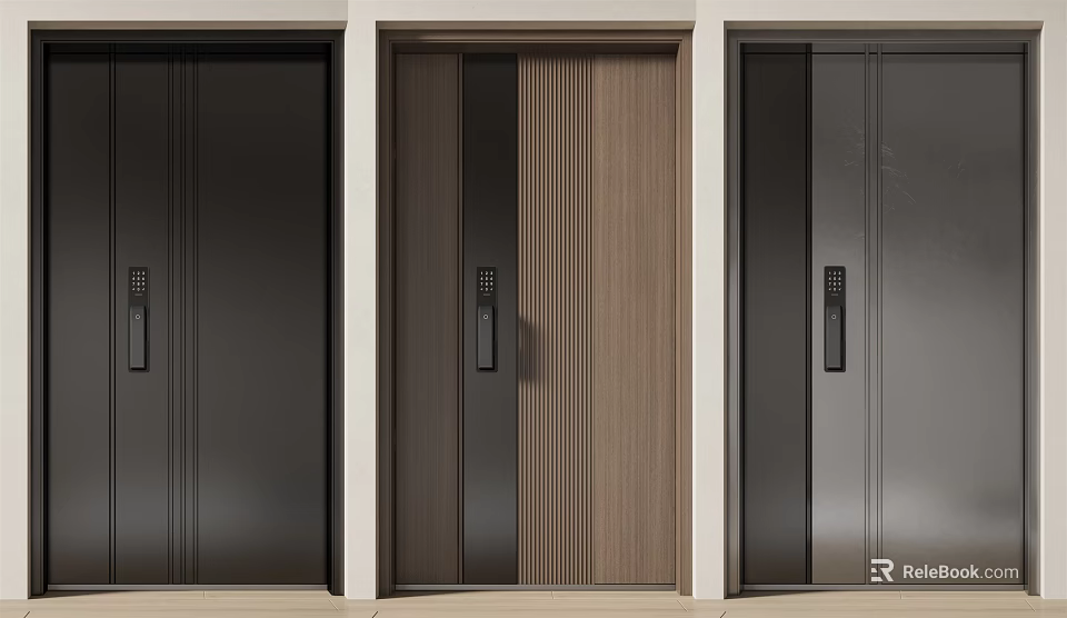 Modern Security Doors With Various Designs Including Black Brown And Vertical Stripes 3d model 