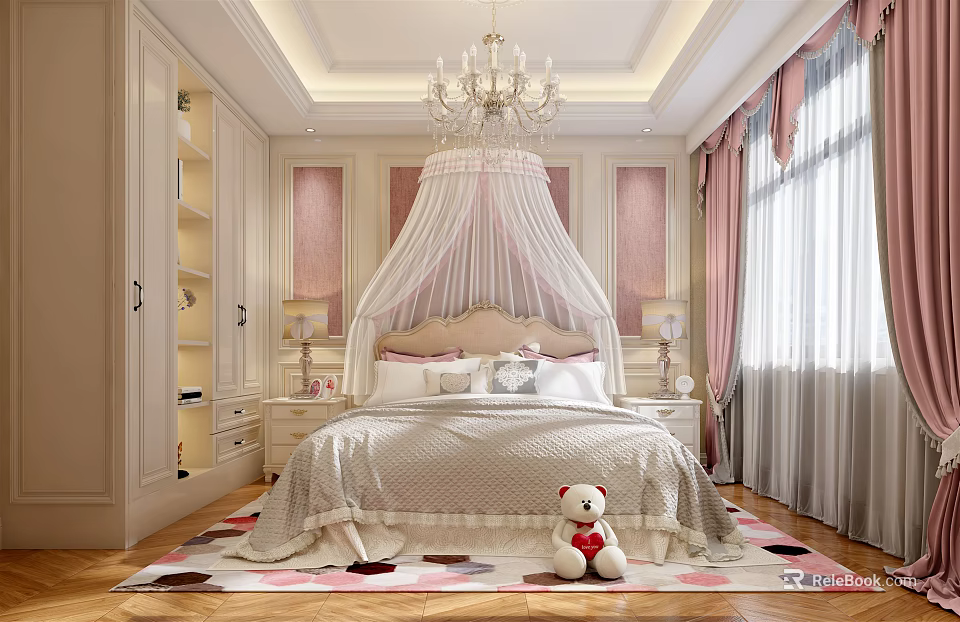 Kids Room Interior With Canopy Bed Chandelier Stuffed Bear Rug And Pink Decor 3d model 