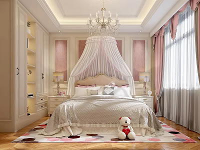 Kids Room Interior With Canopy Bed Chandelier Stuffed Bear Rug And Pink Decor 3d model