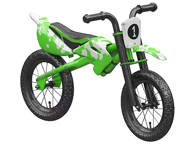Kids Green And White Camouflage Bike With Number 1 On Front And Thick Tires 3d model