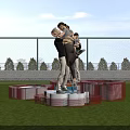 Two Person Dance Poses On Red And White Platform In Green Grass Field With Canopy