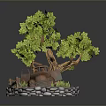 Green Leafy Tree with Old Red Car Surrounded by Stone Wall and Grass 3d model