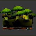 Cartoon Style Forest Scene With Green Trees Yellow Fruits Brick Path Stones And Flowers