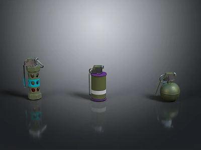 Three Different Colored Military Grenades With Various Designs On Dark Surface 3d model