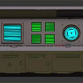 Industrial Control Console With Multiple Green Screens Circular Gauge And Storage Cabinets