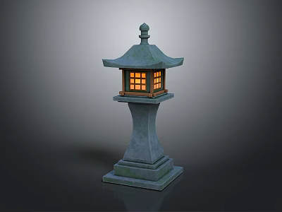 Japanese Stone Lantern Decorative Furniture With Green Roof Square Body Orange Light And Pedestal Base 3d model