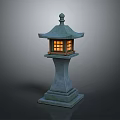 Japanese Stone Lantern Decorative Furniture With Green Roof Square Body Orange Light And Pedestal Base
