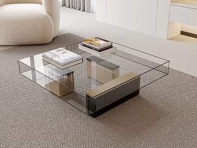 Glass Coffee Table in Modern Living Room with Beige Sofa and Stacked Books on Top 3d model