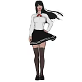 Woman Wearing White Top Black Pleated Skirt Red Bow and Long Hair in Three Views
