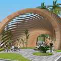 Curved Wooden Pergola with Wavy Design Green Plants and Outdoor Seating Area