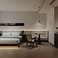 Minimalist Hotel Guest Room With King Bed Wooden Chair Wall Art And Soft Lighting