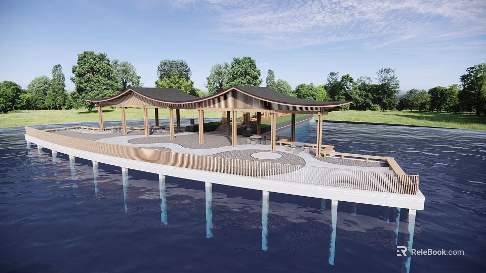 Waterfront Wooden Pavilion With Covered Roof And Open Platform Overlooking Calm Water And Green Trees 3d model 