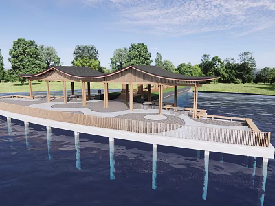 Waterfront Wooden Pavilion With Covered Roof And Open Platform Overlooking Calm Water And Green Trees 3d model