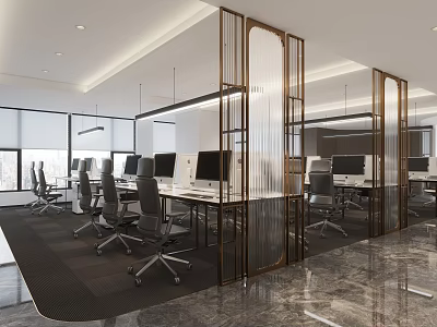 Modern Public Office Interior With Desks Monitors Office Chairs And Glass Partitions 3d model