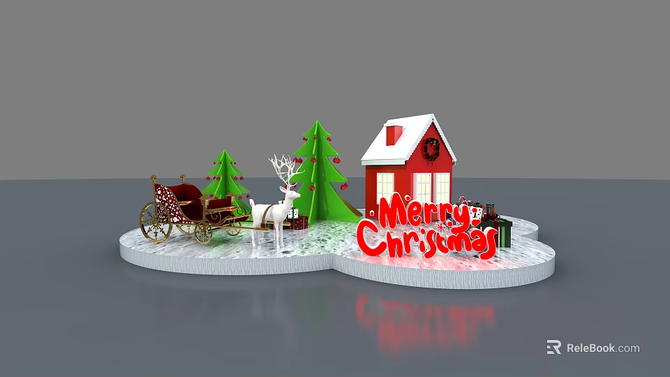 Christmas Decorative Scene With Red Roof House Green Trees Reindeer Vintage Sleigh Merry Christmas Sign 3d model 