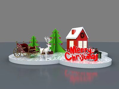 Christmas Decorative Scene With Red Roof House Green Trees Reindeer Vintage Sleigh Merry Christmas Sign 3d model