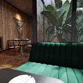 Modern Restaurant Interior With Wooden Walls Macrame Decorations Green Sofa Yellow Chairs Large Windows Plants