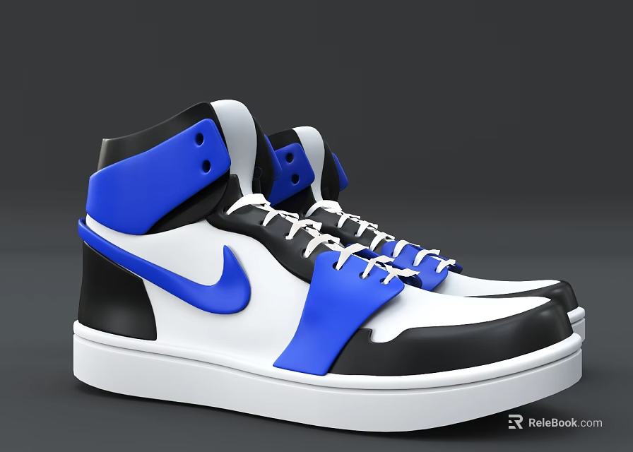 High Top White Blue Black Sneakers With Lace Up Design And White Sole 3d model 