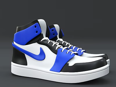 High Top White Blue Black Sneakers With Lace Up Design And White Sole 3d model