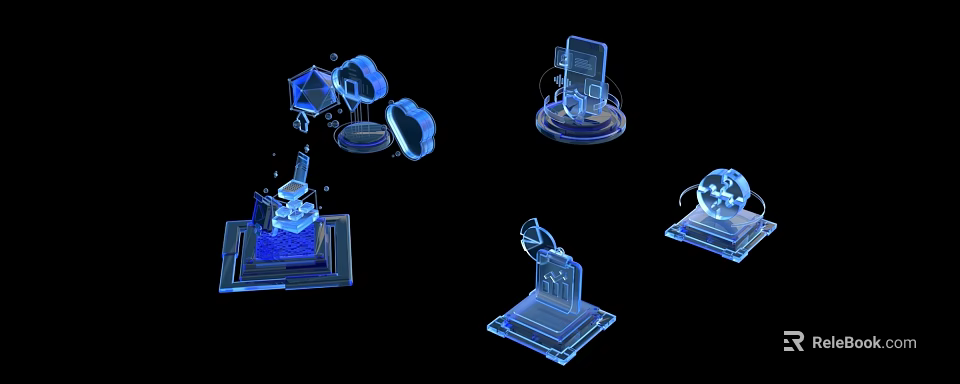 Transparent Blue 3D Tech Display Models With Various Shapes And Futuristic Structures 3d model 